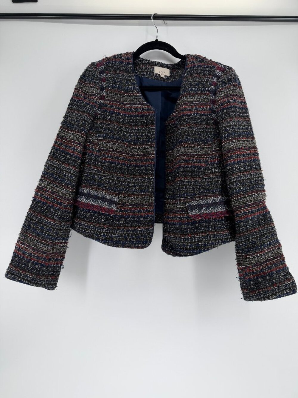 LOFT Crop Tweed Blazer Jacket Women Size 12 Red Blue Gray Striped Open Front